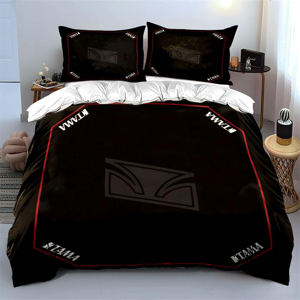 Red Border Octagon Musical instrument theme Duvet Cover Set,Minimal Drum Brand Black Bedding 1 Duvet Cover 2 Pillowcase, gift