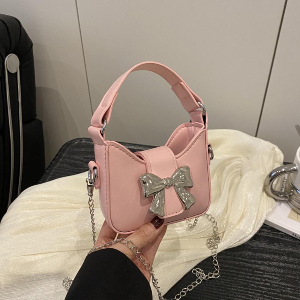 Pu Leather Bow Buckle PU Bag Mini Women's Shoulder Bag Simple Silver Bucket Bag Women