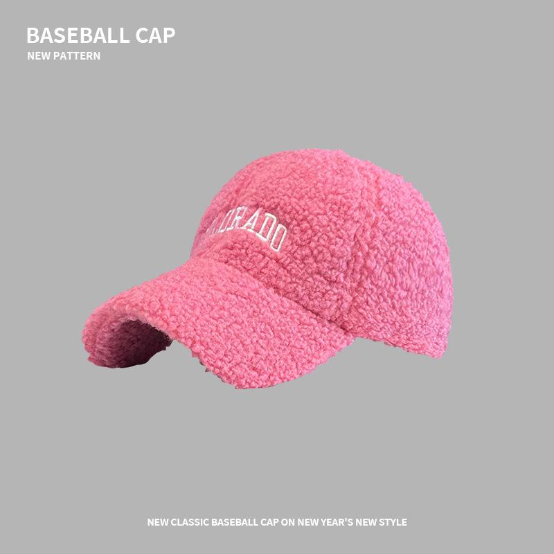 Lamb Plush Baseball Cap Women's Autumn and Winter Tide Wide Brim Versatile Windproof Warm Letter Embroidered Cap