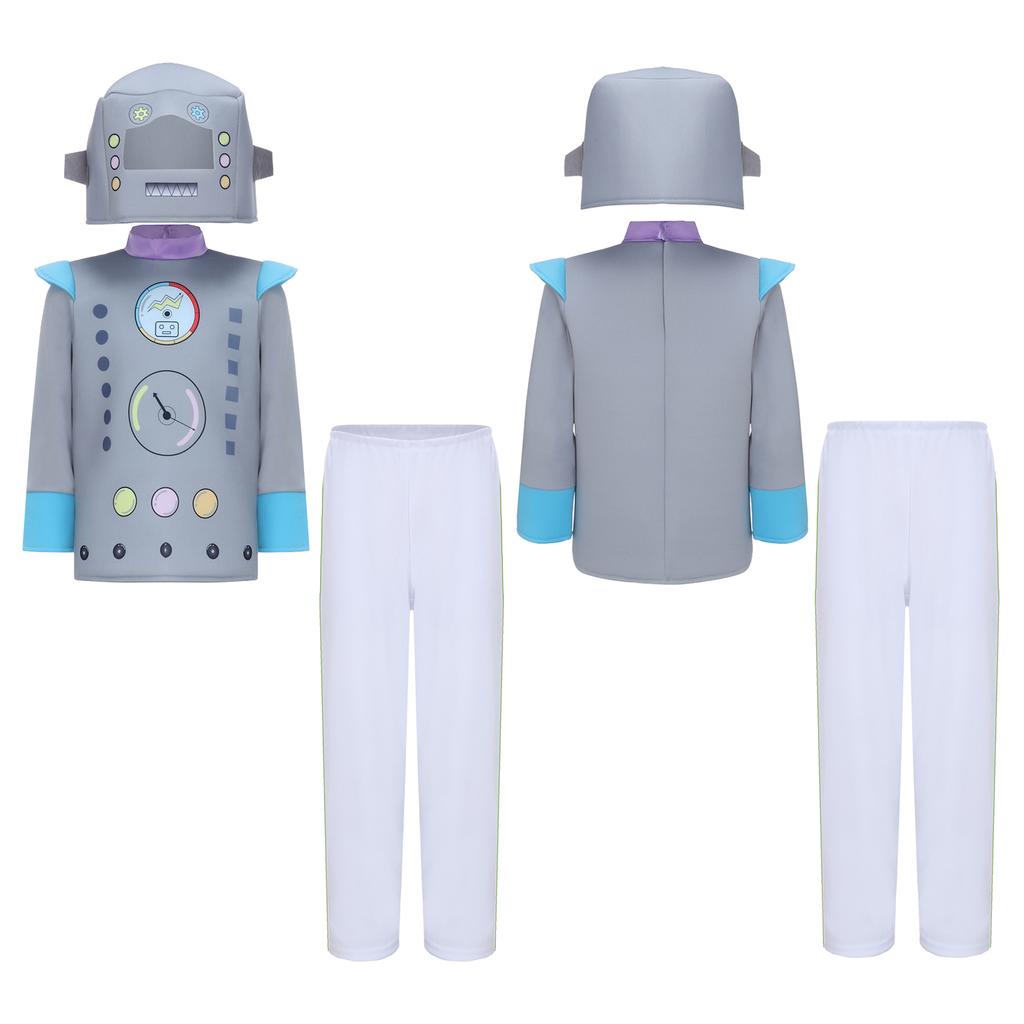 Unisex Kids Robot Costume Long Sleeve Colorful Printed Top Elastic Waistband Pants Cute Robot Headgear Cosplay Halloween Set