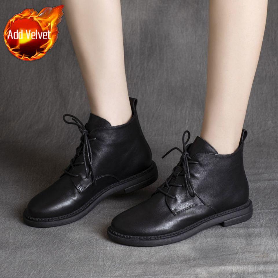 Модные женские ботильоны на меху, кожаные женские короткие туфли на плоской подошве черного цвета, удобные и элегантные, большого размера, теплая обувь, новинка