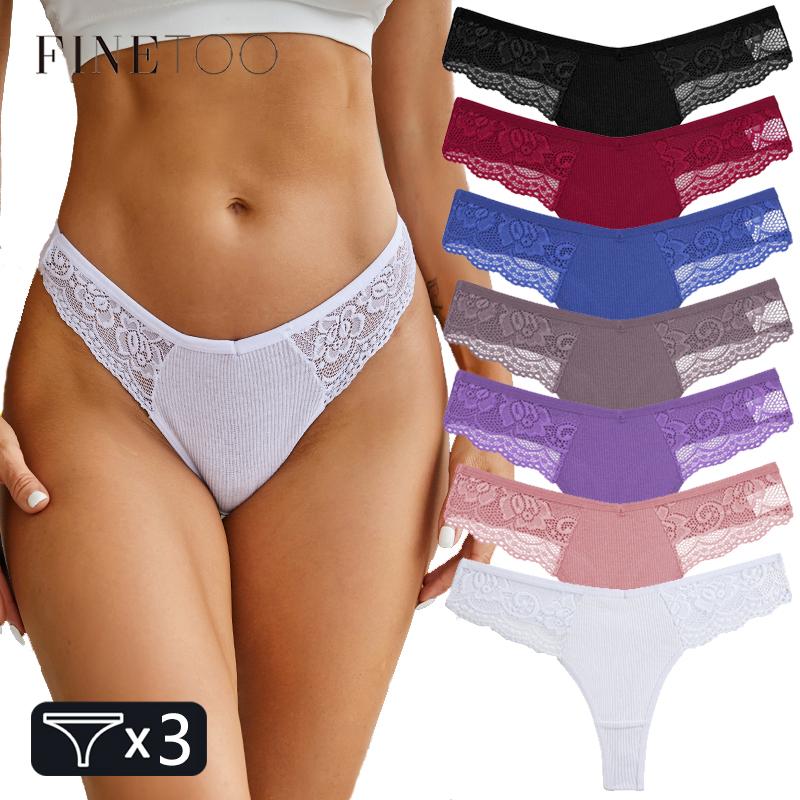 FINETOO Women's Cotton Thongs 3Pcs/set Lace Bikini Underpants S-XL Ladies G-string Underwear Soft Thong Panties Female Lingerie