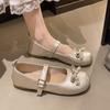 Модные туфли Мэри Джейн Осень Новые Круглый носок Мелкий вырез Жемчужный бант На однотонной основе Мягкая подошва Противоскользящие Износостойкие Однотонные туфли