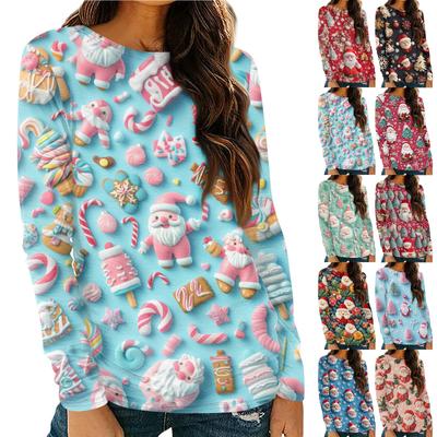 Женская мода круглый вырез пуловер с глубокими рукавами футболка с рождественским принтом топ