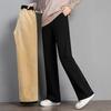 Women Autumn Winter Fleece Lining Pants Elastic High Waist Straight Wide Leg Pants Solid Color Loose Fit Long Trousers