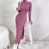 Осень зима однотонное платье макси с длинным рукавом и высоким воротником женское элегантное с боковым разрезом облегающее эластичное вязаное платье женская одежда