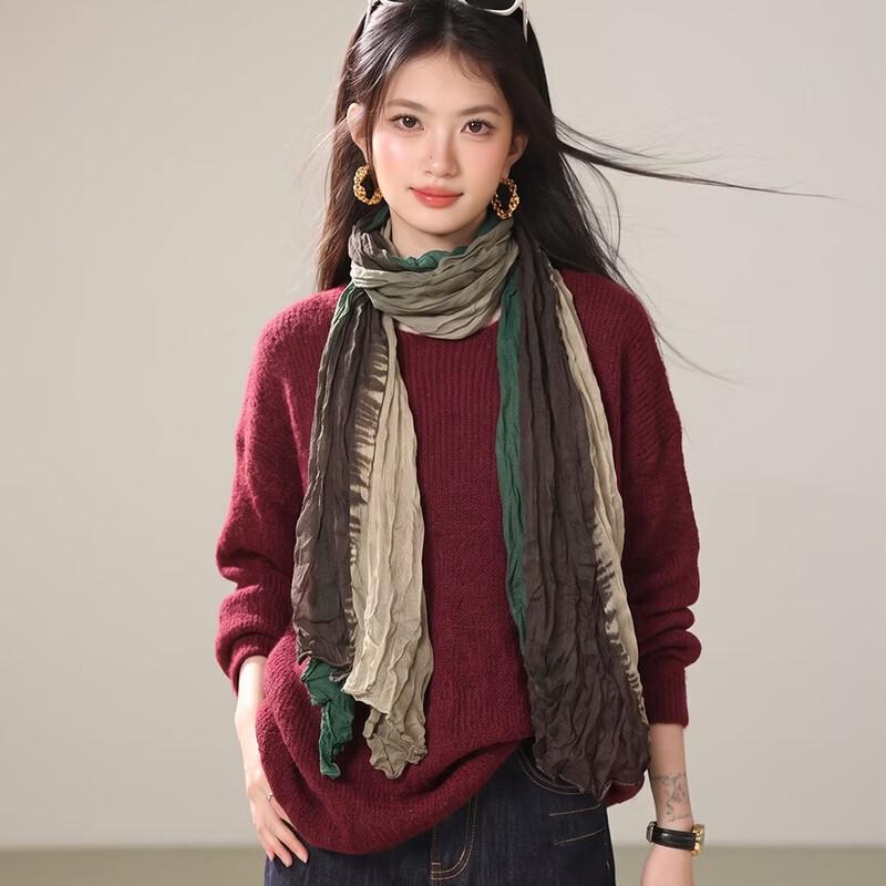 ZOSOUL Women's Crew Neck Long-Sleeve Knit Pullover with Scarf
