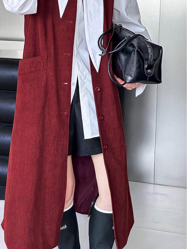 Autumn 2024 Orange Zhi Korean Style Red Single-Breasted Mid-Length Vest with Large Pockets