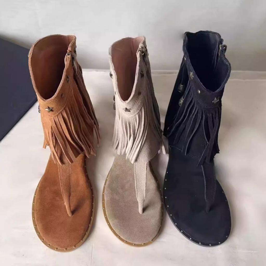 Spot second hair! Tassel rivet herringbone clip sandals new inner height increase side zipper Roman cool boots western boots