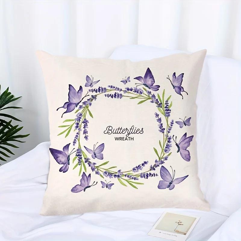 4Pcs Spring Purple Lavender Pillowcases Plant And Flower Single-Sided Printing Home Car Office Decoration Cushion Pillowcase