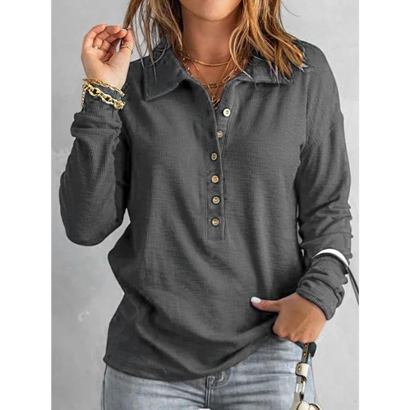Autumn and Winter Solid Color Knitted Shirt Single breasted Flip Collar Loose Casual Top Women's Pullovers & Long Sleeves