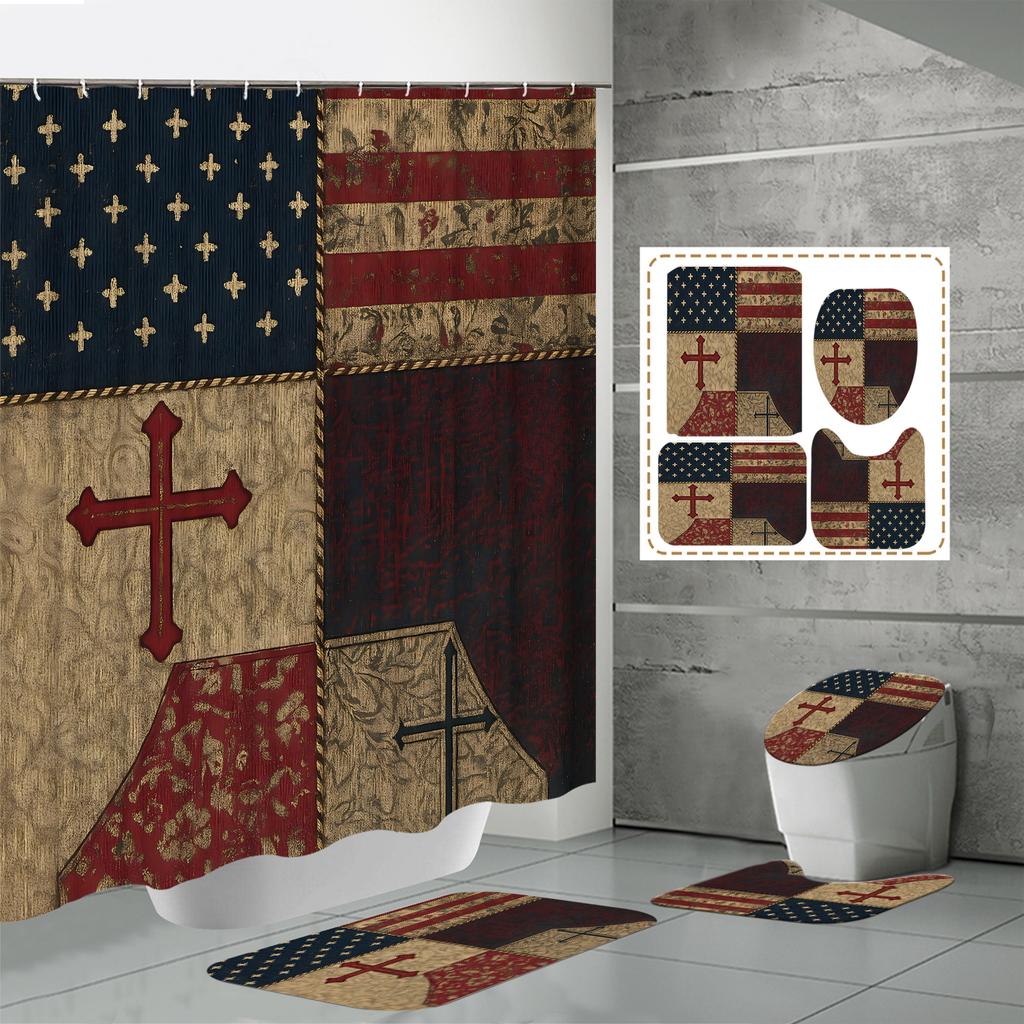 4PCS Shower Curtain Sets With Shower Curtain And Rugs Toilet Lid Rug U Shape Mat And Bath Mat Bathroom Set With 12 Hooks