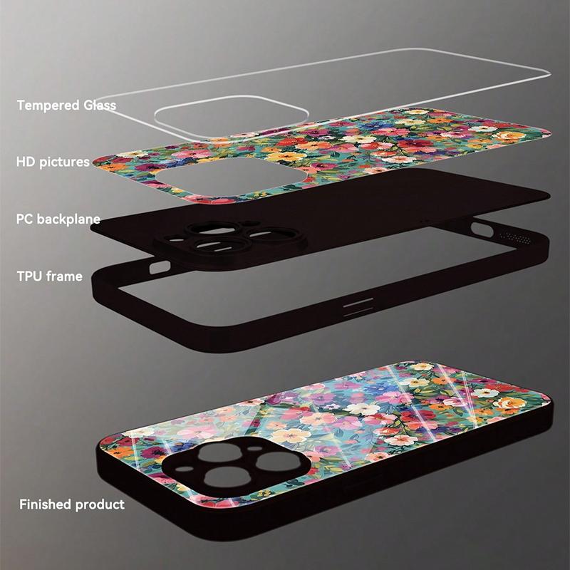 Стильный Чехол из Закаленного Стекла с Ярким Цветочным Узором HD для iPhone 17 16 15 14 13 12 11 Pro Max 16E 7 8 Plus XR XS X
