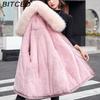 BITCED Women's Winter Mid-Length Cotton Coat with Fleece Lining, Large Fur Collar, Plus Size, Short Waist-Defining Jacket