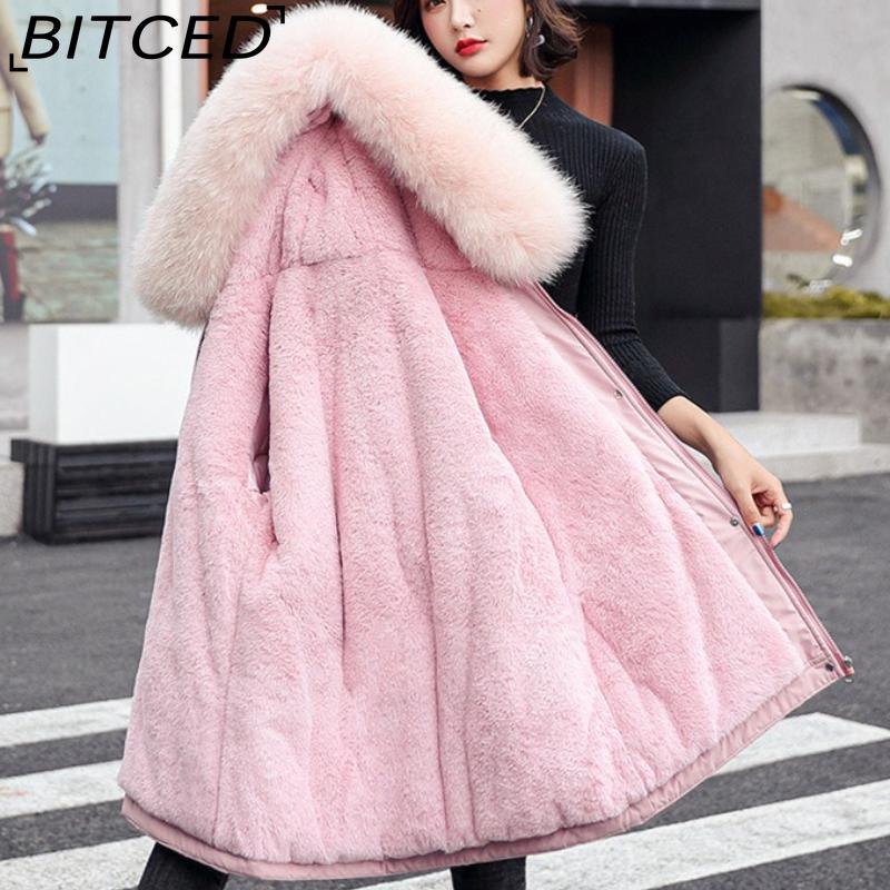 BITCED Women's Winter Mid-Length Cotton Coat with Fleece Lining, Large Fur Collar, Plus Size, Short Waist-Defining Jacket