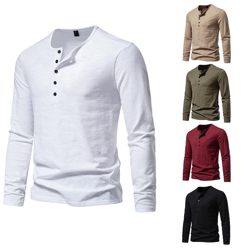 2023 Autumn Men's Five-Button Solid Color Long-Sleeve Casual T-Shirt