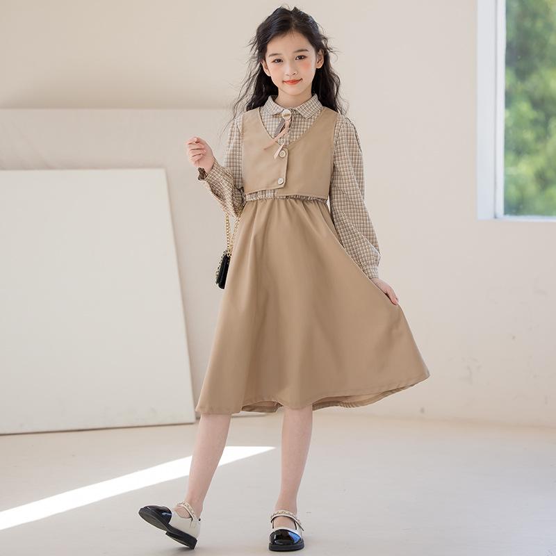 Платье для девочек «Гусиная лапка», имитация двойки - 2025 Осень, студенческий стиль для детей