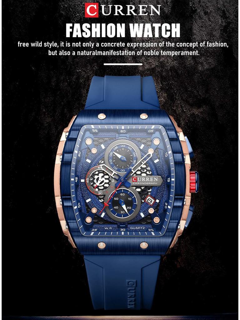 CURREN 8442 Мужские многофункциональные водонепроницаемые кварцевые часы с календарем и резиновым ремешком