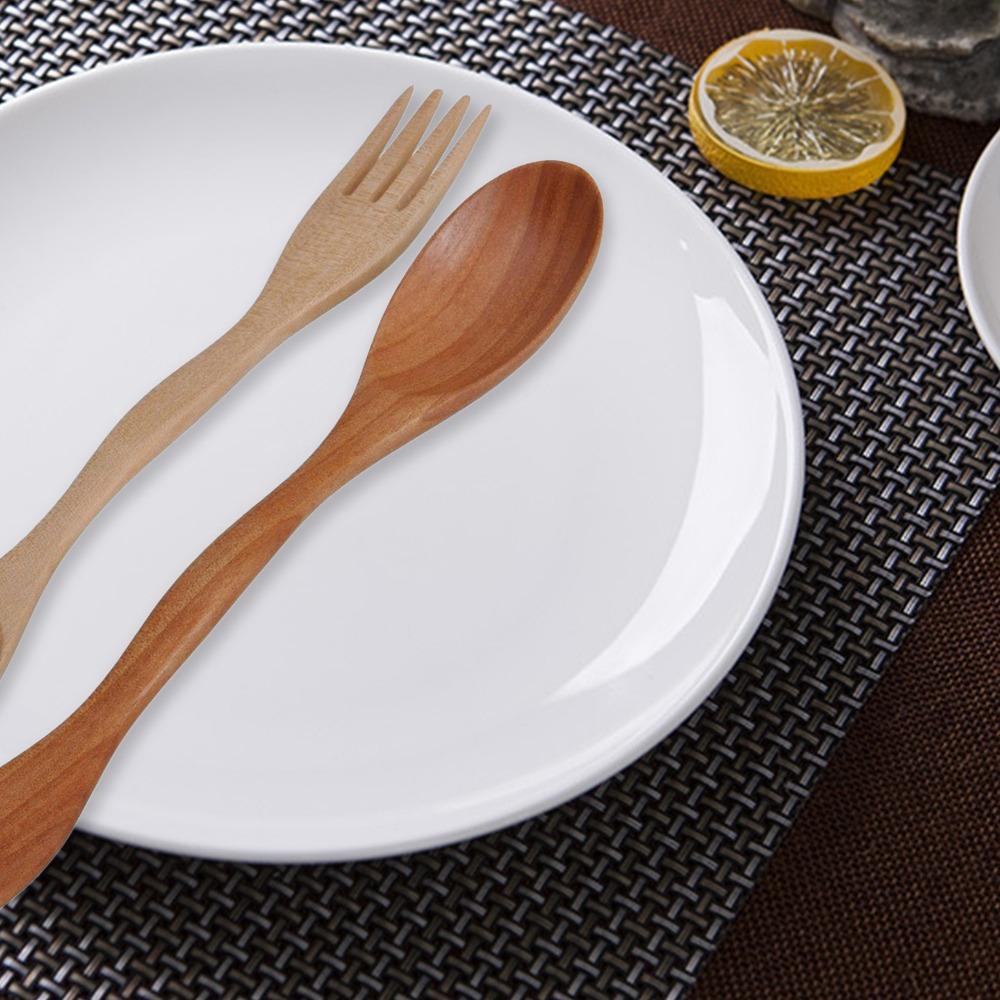 Flatware Tableware Dinner Dual Head Natural Wood 2 In 1 Spoon Fork