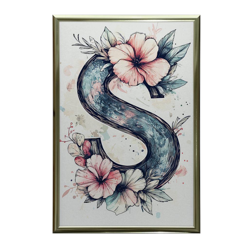 Plakat Z Literą S Wśród Kolorowych Kwiatów Plakat Z Literą S Wśród Kolorowych Kwiatów, 50X70 Cm, Rama Drewniana Jasny Dąb, Papier Matowy 230 Gsm