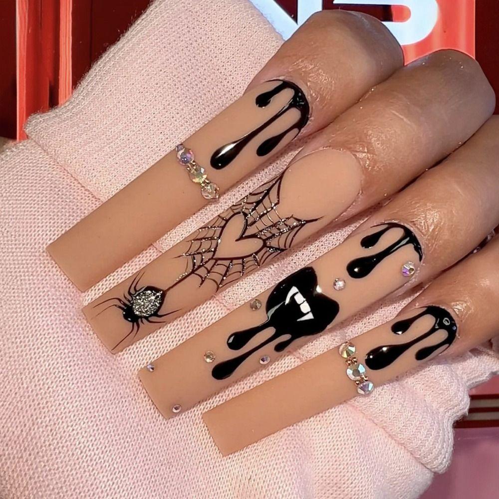 Long Length Halloween False Nail Square Head Nail Tips Waterproof Long Water Pipe Fake Nails  Women