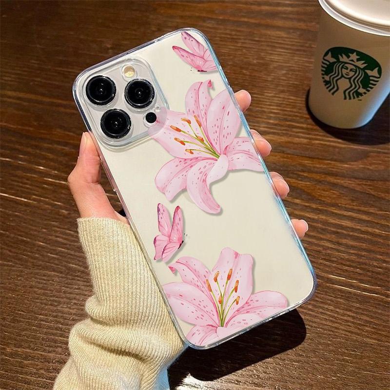 Pink Lily Butterfly iPhone Case For iPhone 16 15 14 13 12 11 Pro Max XR XS MAX 7 8 PLUS MINI INS Transparent Shockproof Cover