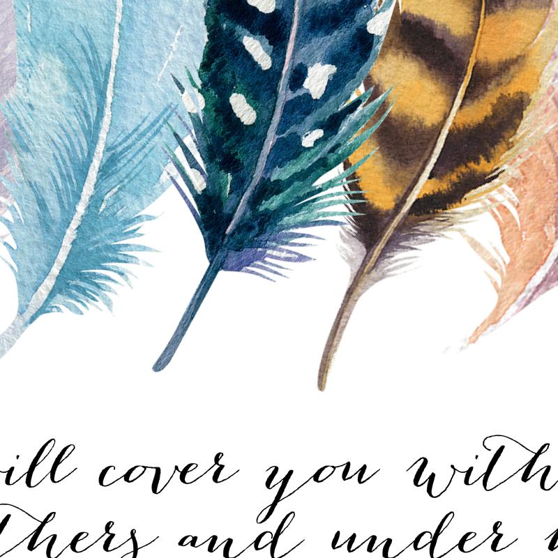 Библейский стих Псалом 91:4 Полотна для печати, Перья птиц, Писание, Христианские цитаты, Холст, Живопись, Настенное искусство, Домашний декор