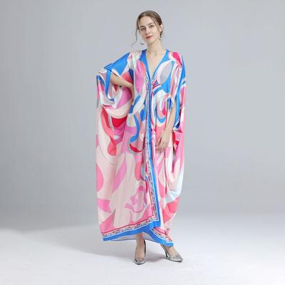 Женское платье с длинными рукавами, богемный стиль, многоцветный принт, V-образный вырез, рукав «летучая мышь», платья большого размера, шелковистая летняя одежда