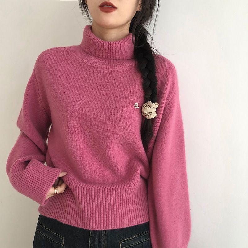 Autumn and Winter Korean Casual Solid Color High Collar Sweater Warm Knitted Sweater Top Women's Clothing