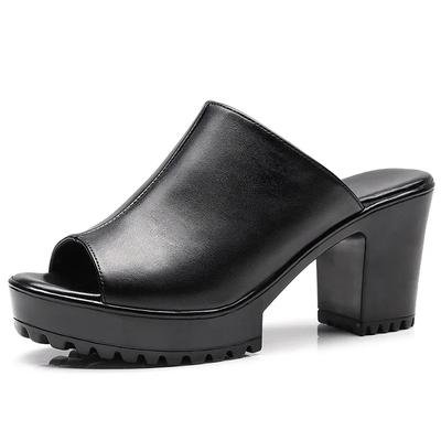 Сексуальные маленькие 33-43 кожаные шлепанцы с открытым носком женские туфли на платформе лето 2025 блочный высокий каблук шлепки для офиса пляжа мамы