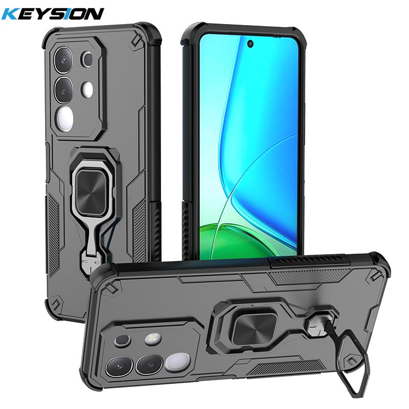 KEYSION Противоударный бронированный чехол для VIVO Y29 4G Мягкий силикон+ПК Вертикальная металлическая подставка-кольцо для телефона Задняя крышка для VIVO Y29