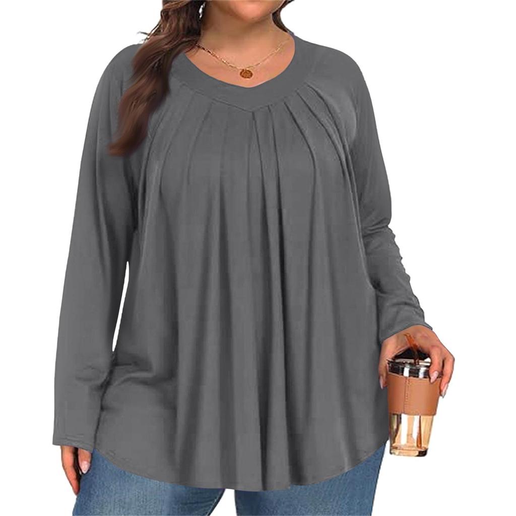 Женский модный топ большого размера, однотонный, повседневный, плиссированный, с круглым вырезом и длинными рукавами