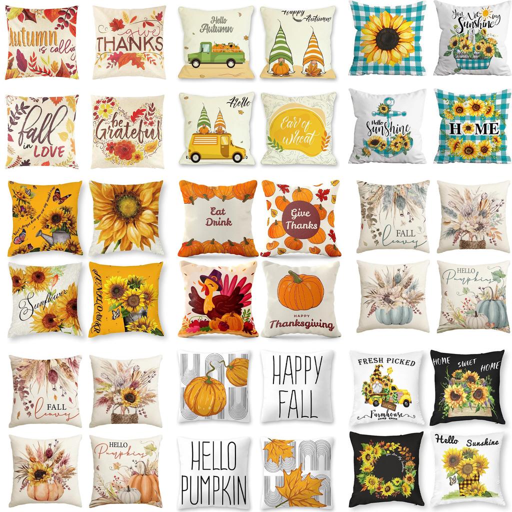 European and American Thanksgiving Decorative Pillow Cover Fashion Cartoon Autumn Harvest Pumpkin Letter Sunflower Print Pillow Pillow Cover