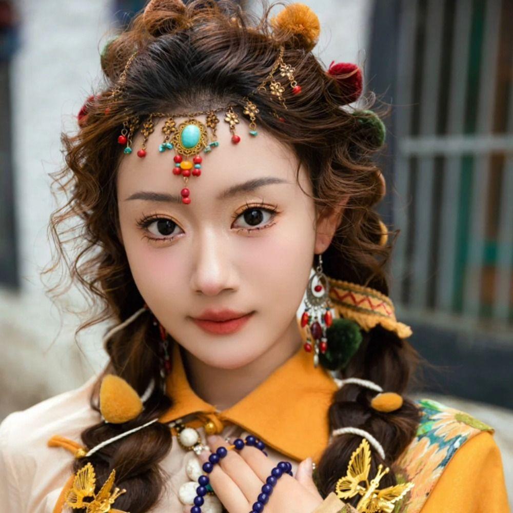 Этнический Стиль Этнический Стиль Цепочка на Лоб Серьга Бусины Кисточки Повязки на Голову Фестивальные Головные Украшения