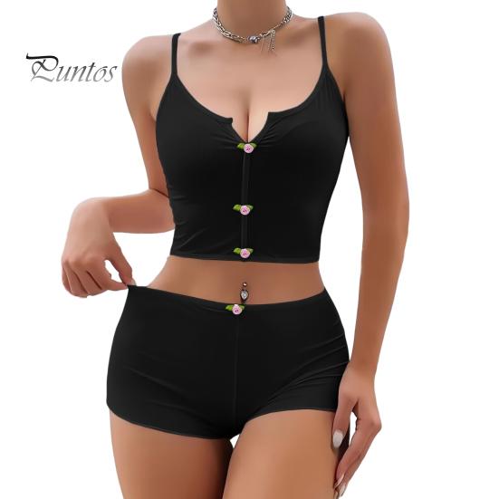 Женский пижамный комплект из 2 предметов, летний сексуальный укороченный топ и шорты, повседневная ребристая пижама с цветочным декором