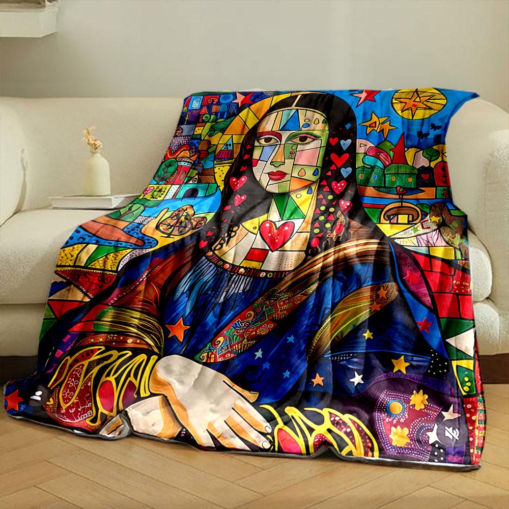 Colorful cubism-inspired portrait blended with hearts, stars, and patterns. for all seasons blanket lunch break throw gift