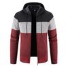 Men Hooded Sweater Coat Color Block Long Sleeve Drawstring Slim Fit Autumn Winter Plush Lining Knitted Cardigan Sweater Streetwear