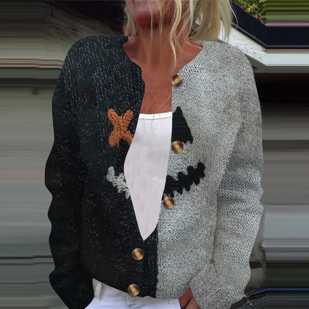 Women's Fashion Printed Long Sleeve Knitted Cardigan Button Down Jacket