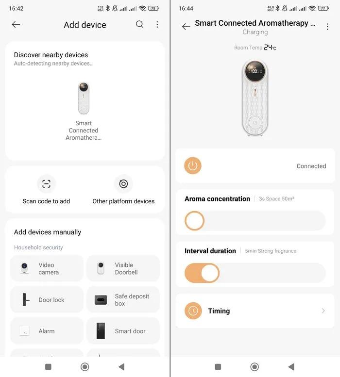 Умный аромадиффузор JD01 подключен к приложению Xiaomi Mi Home.