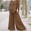 2 Pcs/Set Women Top Pants Set Round Neck Retro Long Sleeves Blouse Wide Leg Elastic Waist Trousers Daily Leisure Loose Outfit