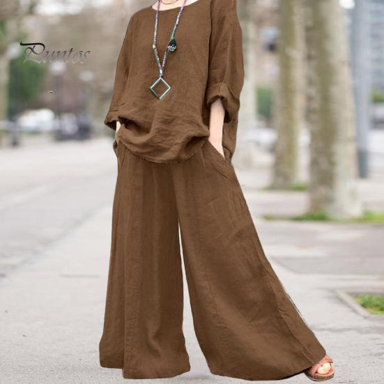 2 Pcs/Set Women Top Pants Set Round Neck Retro Long Sleeves Blouse Wide Leg Elastic Waist Trousers Daily Leisure Loose Outfit