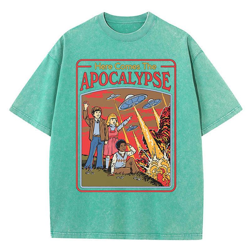 Here Comes The Apocalypse Ufo Washed Retro Мужская одежда Oversize Quality Streetwear Fashion Cotton Tops T Shirt