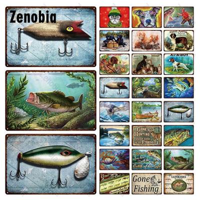 Винтажная жестяная табличка Gone Fish Планшетка Деревенский металлический настенный декор с собаками и рыбами для фермерского дома, пруда для рыбалки, бара, паба, домашнего декора