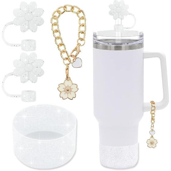 Accessories for Stanley Cup Set,2Pcs Flower Straw Cover Caps 10mm Reble Brown Straw Toppers,1Pcs Cute Handle Charm and 1Pcs Silicone Boot Sleeve for