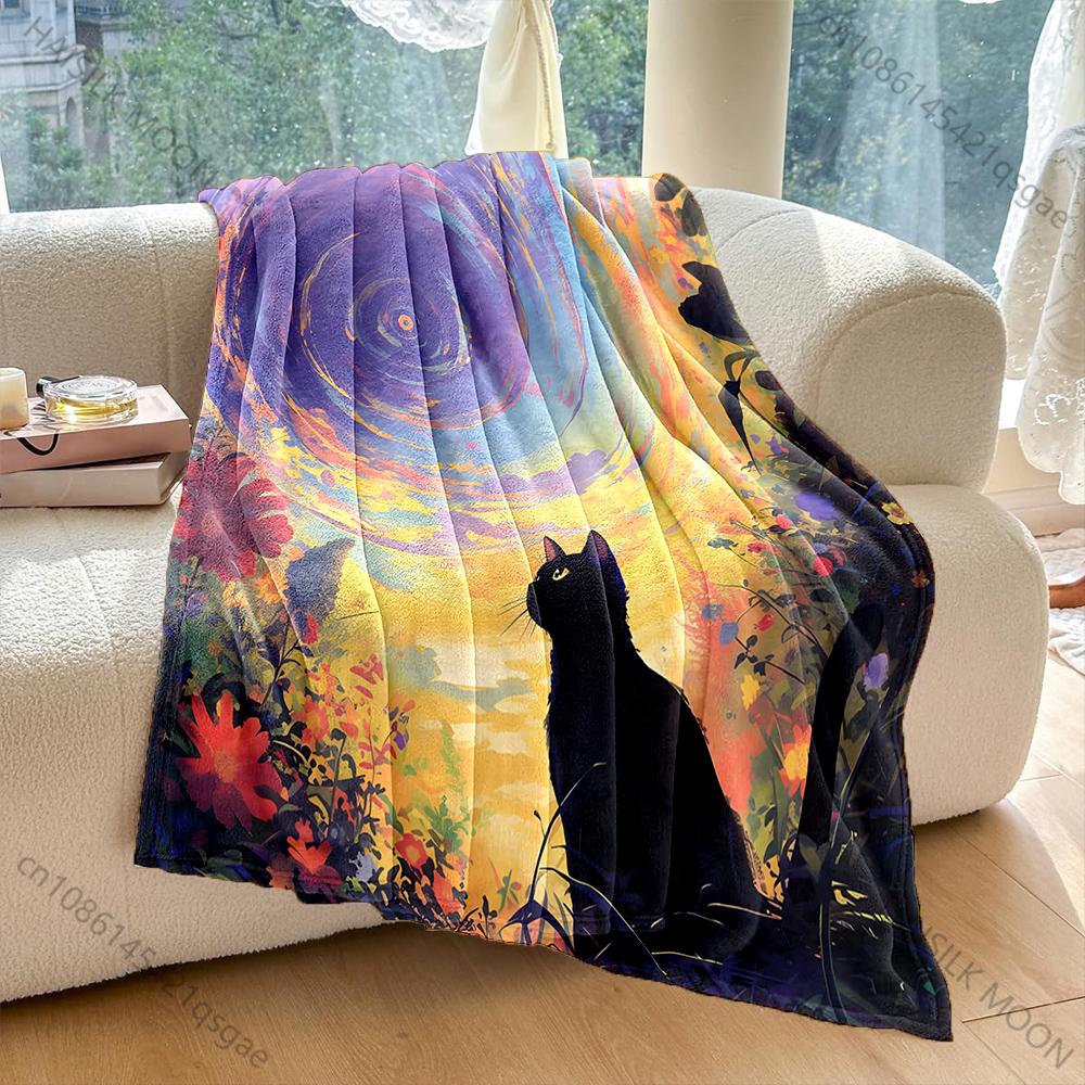 1PC Black Cat Night Sky Cartoon Art Blanket Warm Soft Fluffy Kids Adult Luxury Gifts for Sofa Bed Home Outdoor Travel Camping