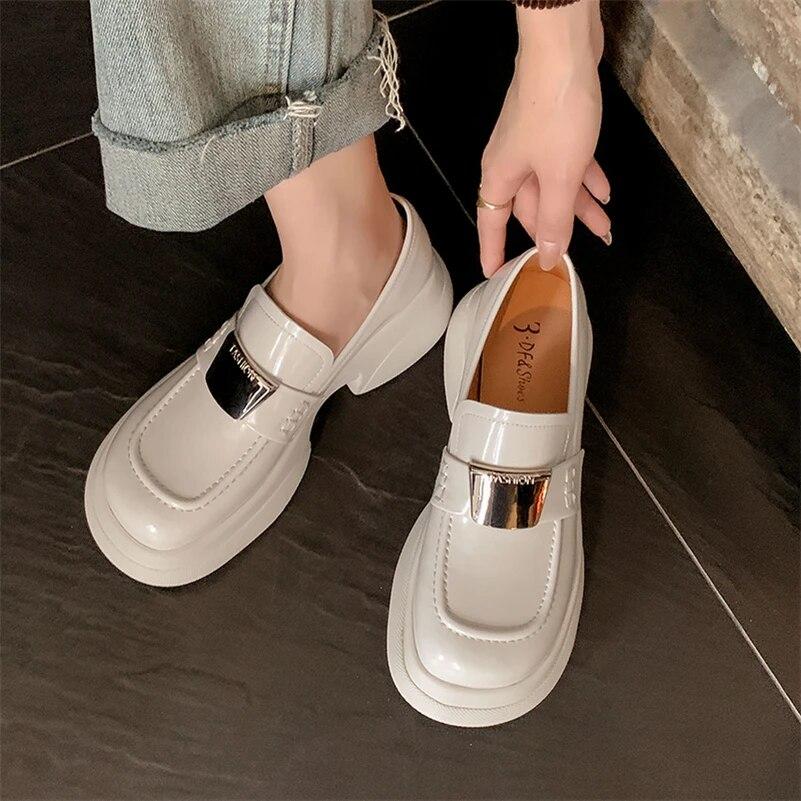 Meotina Женские лоферы из натуральной кожи, туфли-лодочки с круглым носком на платформе и высоком каблуке с металлическими украшениями, женская модная обувь, весна-осень