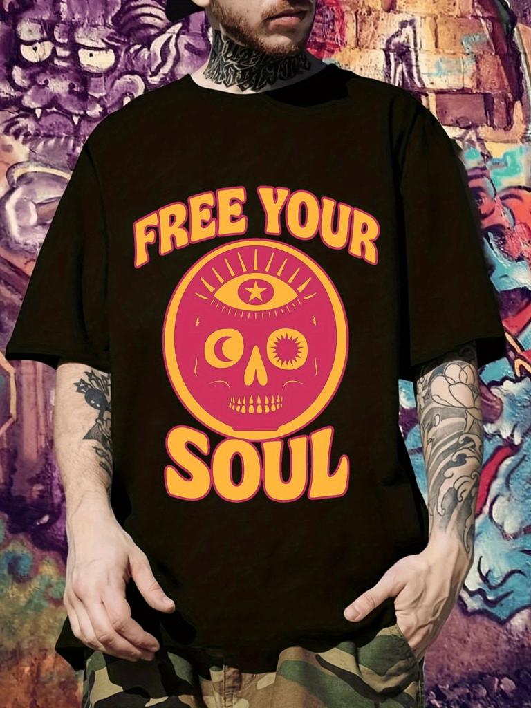 Graphic Print T-shirt - FREE YOUR SOUL Bold Typography Streetwear Tee - Black with Orange Lettering - Lightweight Summer Shirt for Concerts