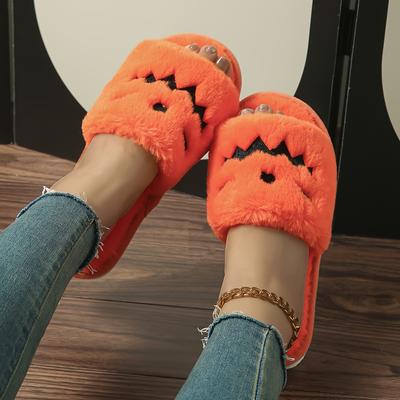Женские плюшевые тапочки-монстры на Хэллоуин в виде тыквы с мягким кроличьим мехом и нескользящей подошвой из ЭВА - Уютные тапочки-слипоны для дома на осень, для вечеринок