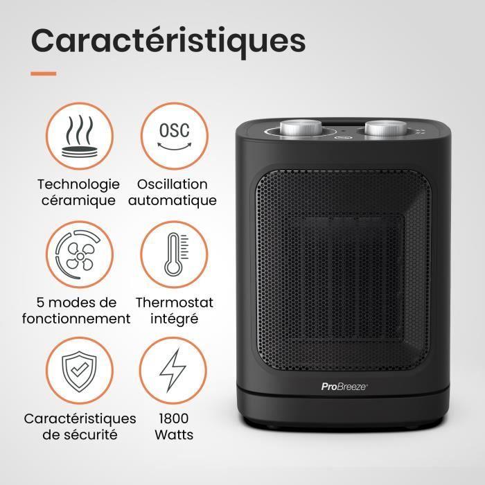 Керамический тепловентилятор Pro Breeze 1800 Вт с автоматическим поворотом, 2 режима обогрева, режим вентилятора - Черный
