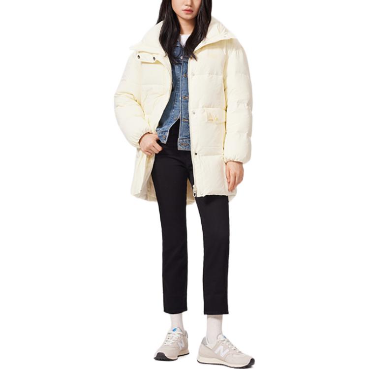 Levis FW22 Solid Color Stand Collar Mid-Length Down Jacket Women Outerwear Off-White A5179-0001